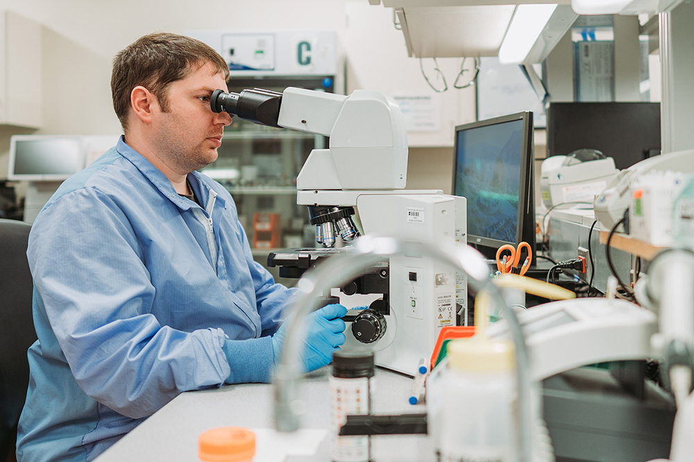 A lab employee looks through a microscope
